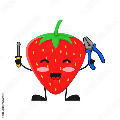 vector illustration of cute strawberry fruit service or character holding pliers screwdriver. cute strawberry fruit Concept White Isolated.Cartoon Style Suitable for Landing Page, Banner, Sticker.