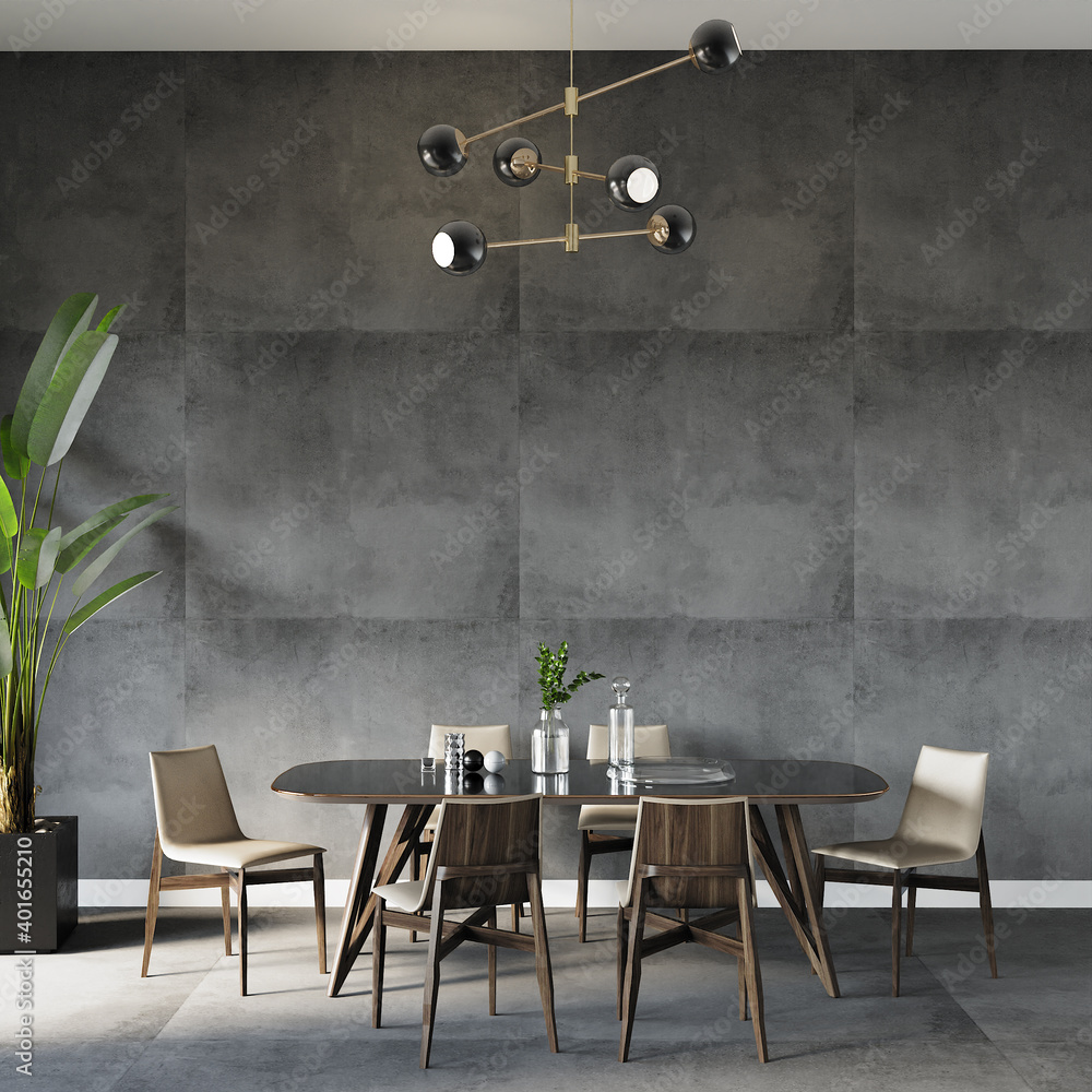 modern dining room with table and chairs in front of the black wall, 3d ...