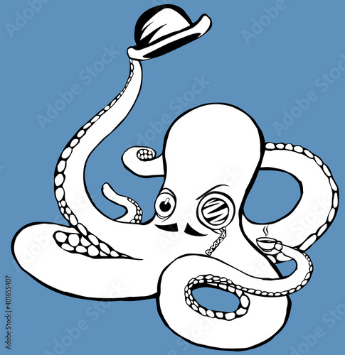 Black and white illustration of octopus with bowler hat, monocle and cup of tea(coffee)