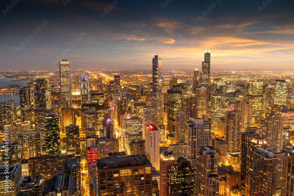 Fototapeta premium Chicago, Illinois, USA aerial cityscape towards Lake Michigan
