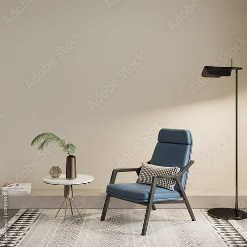 interior of a room with blue armchair  lamp and other decors  3d render