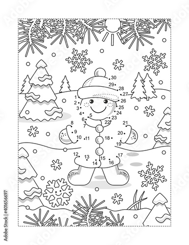 Gingerbread girl full page connect the dots puzzle and coloring page
