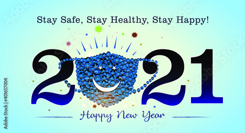 2021 Happy New Year typography text, people of medical safety mask concept and high frequent Covid 19 coronavirus background