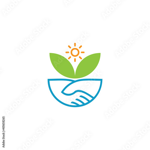 sun leaf hand care shake natural symbol logo vector