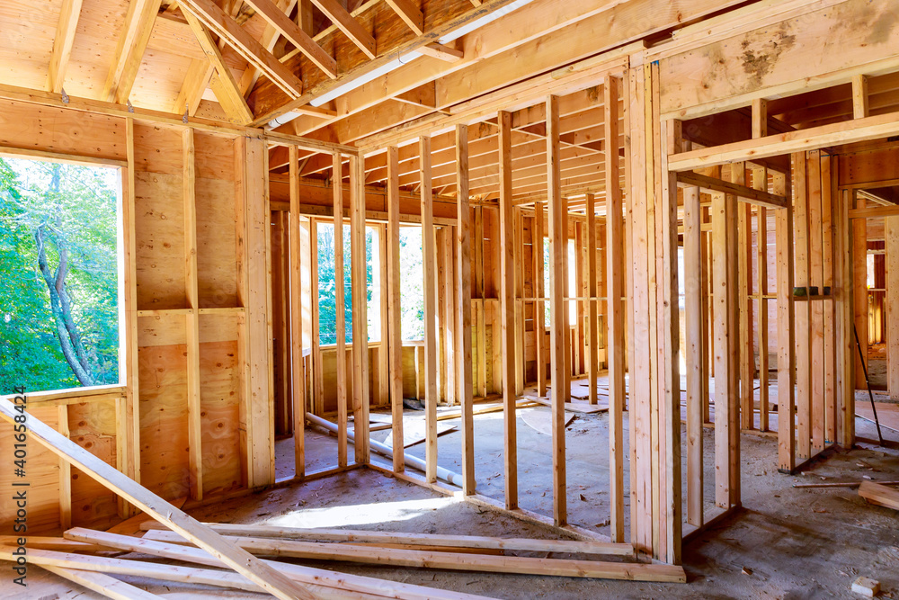 Fototapeta premium Framework wooden new house Construction home framing on residential beam