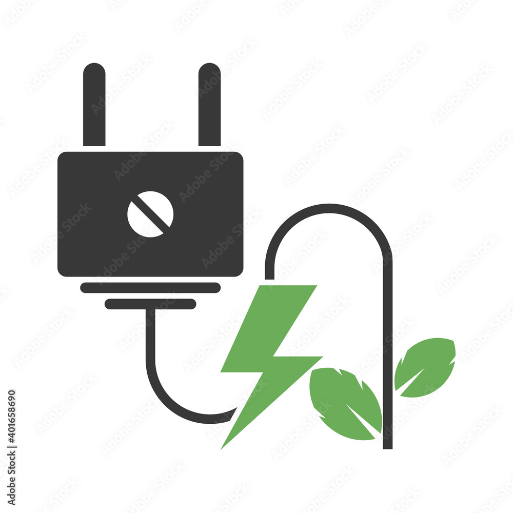Plug with leaves and lightning bolt. Flat style. Isolated on white background. Plug with leaves and lightning bolt. Flat style. Isolated on white background.