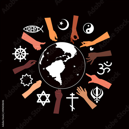 Religious Freedom day poster.Human Solidarity.Hands different ethnicities in various gestures and spiritual symbols are around Planet Earth.Our unity in diversity.Respect all. Vector.Black Background