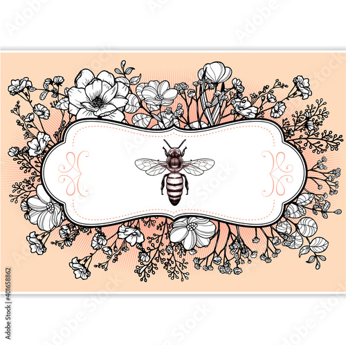 Elegant vintage victorian herbal apothecary label with queen bee and flowers