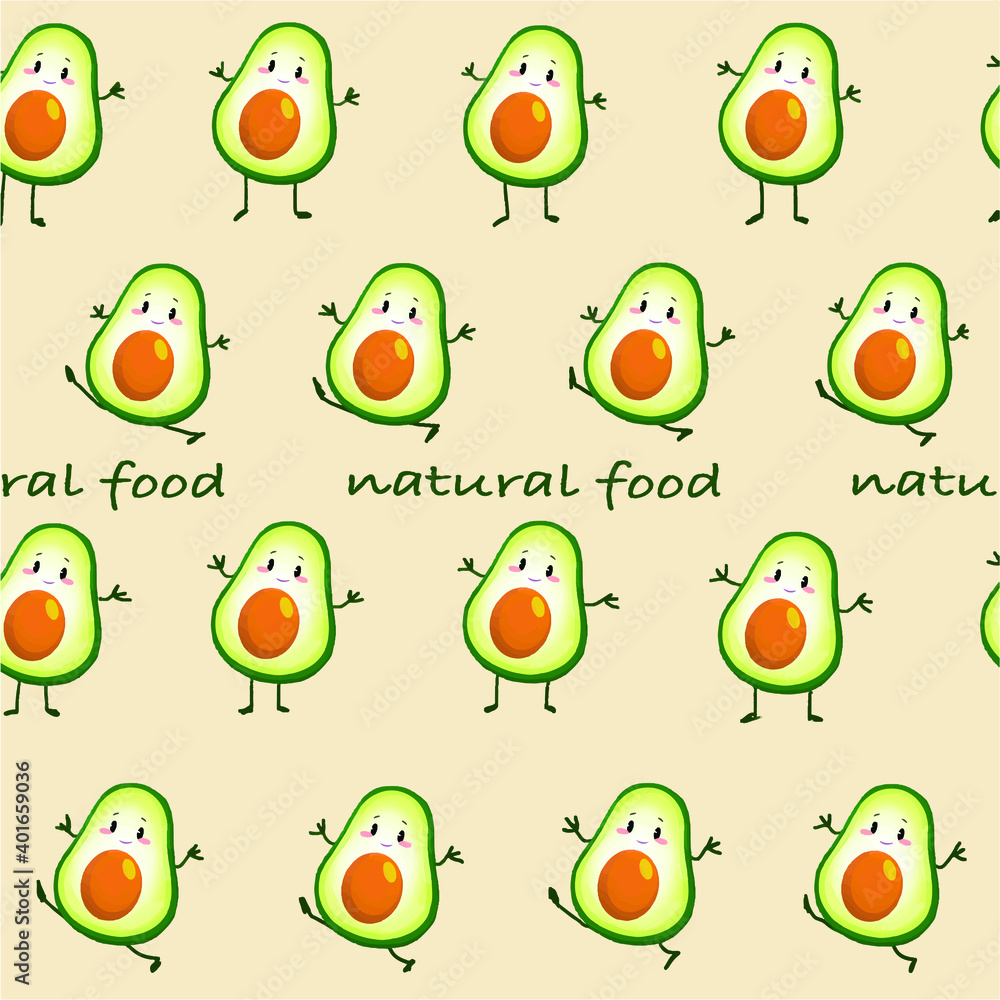 A pattern of avocados , cute and funny kawaii style design. Vector hand drawn illustration with Vegan food, Japanese cute sketch , wallpaper on beige background for packages A pattern of avocados , cute and funny kawaii style design. Vector hand drawn illustration with Vegan food, Japanese cute sketch , wallpaper on beige background for packages