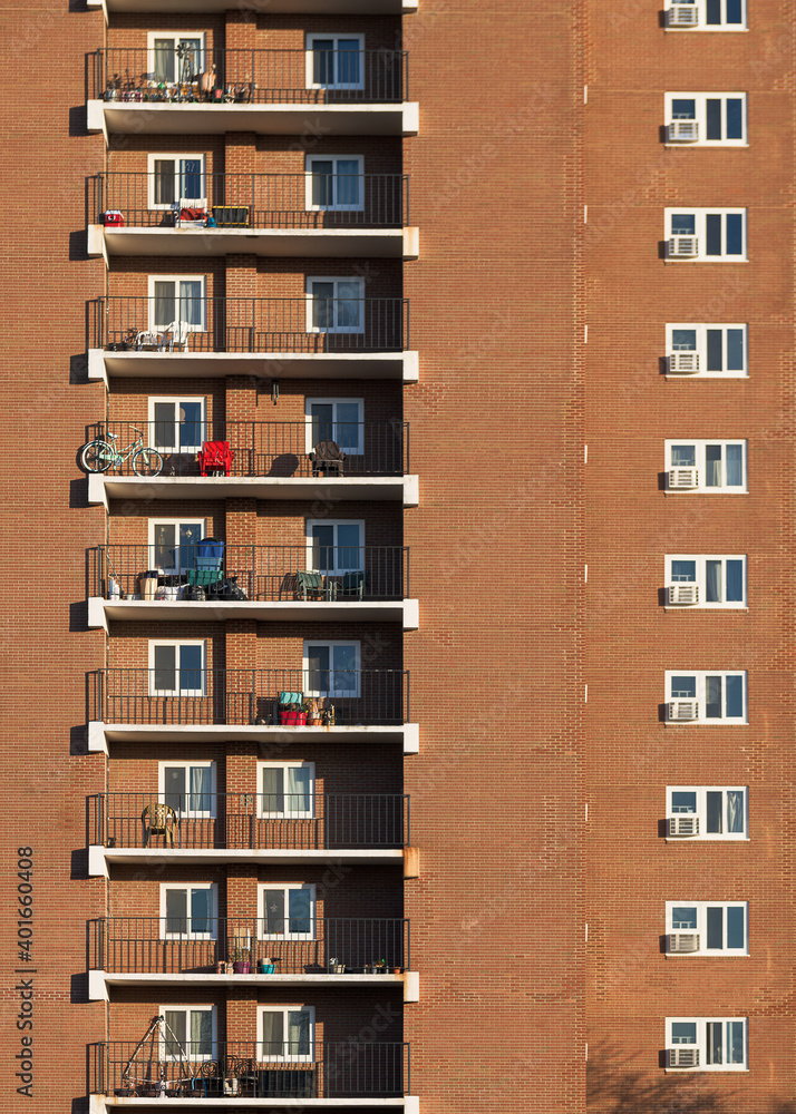 Closeup of balconies of high rise apartment building forms geometric pattern