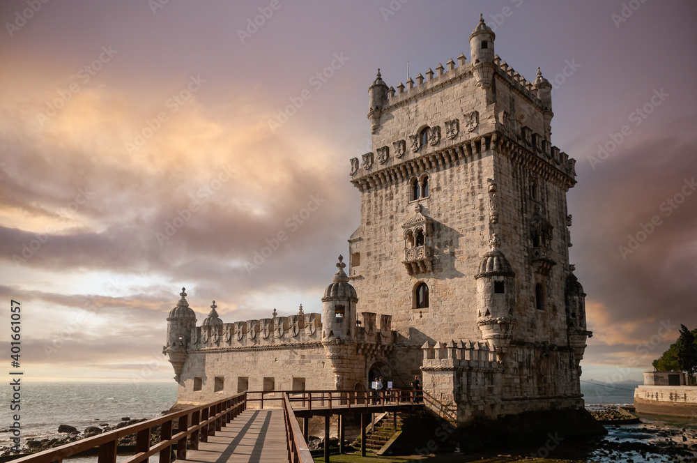 Moody atmosphere at The Belem Tower (torre de Belém), Lisbon, Portugal. At the margins of the Tejo river, it is an iconic site of the city. Originally built as a defence tower, today is museum.