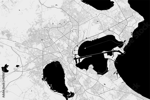 Urban city map of Tunis. Vector poster. Grayscale street map.