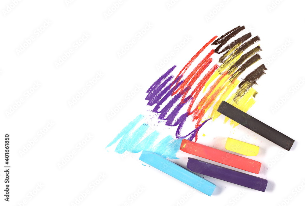 Shape hatching and colorful chalk isolated on white background and texture, top view Shape hatching and colorful chalk isolated on white background and texture, top view