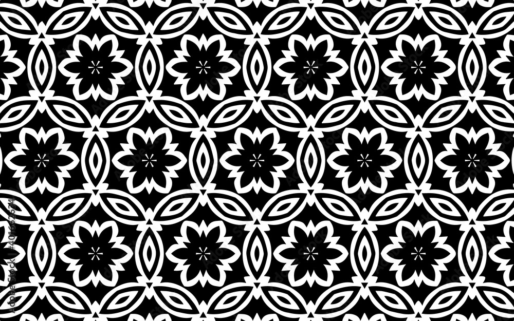Ethnic art black and white pattern. Geometric background of flowers in traditional folk style for wallpaper, coloring book.