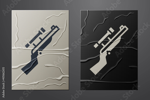 White Sniper rifle with scope icon isolated on crumpled paper background. Paper art style. Vector.