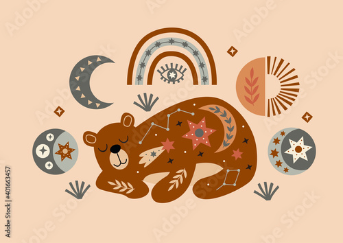 celestial poster with bear, moon,
rainbow
