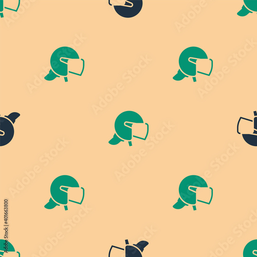 Green and black Police helmet icon isolated seamless pattern on beige background. Military helmet. Vector.