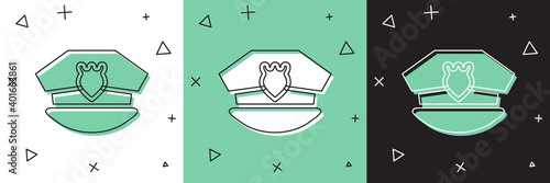 Set Police cap with cockade icon isolated on white and green, black background. Police hat sign. Vector.