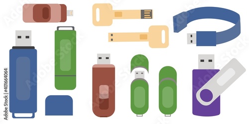 Flash drive (USB memory) icons set Flat vector illustration