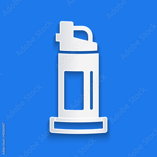 Paper cut Pepper spray icon isolated on blue background. OC gas. Capsicum self defense aerosol. Paper art style. Vector.