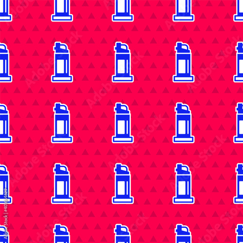 Blue Pepper spray icon isolated seamless pattern on red background. OC gas. Capsicum self defense aerosol. Vector.