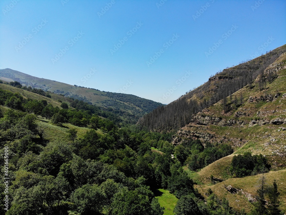 Aerial view of beautiful mountains full of trees and vegetation in the north of Spain on a sunny day