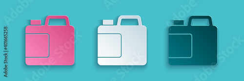 Paper cut Plastic bottle for laundry detergent, bleach, dishwashing liquid or another cleaning agent icon isolated on blue background. Paper art style. Vector.