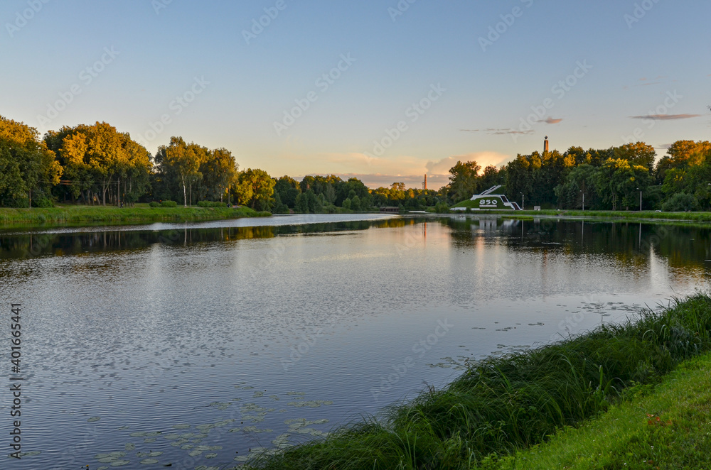 green parks along Lovat river in Velikiye Luki, Pskov region, Russia  - obrazy, fototapety, plakaty 