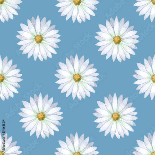 Romantic daisy watercolor seamless pattern on blue background