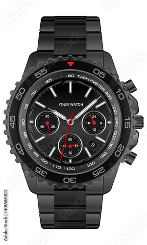 Realistic Black steel clock watch chronograph on white background design for men luxury vector illustration.