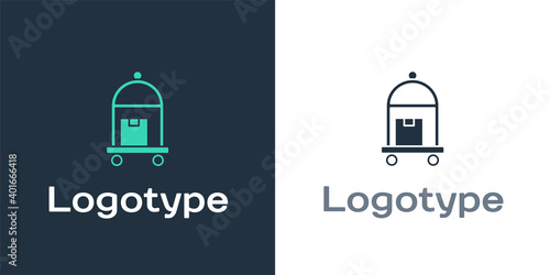 Logotype Hotel luggage cart with suitcase icon isolated on white background. Traveling baggage sign. Travel luggage icon. Logo design template element. Vector.