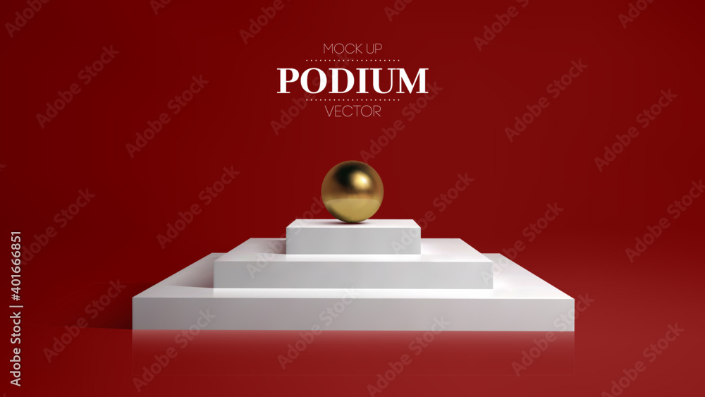 3D white podium on soft red background. 3D stage round podium vector ...