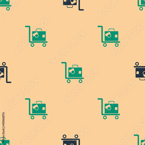 Green and black Hotel luggage cart with suitcase icon isolated seamless pattern on beige background. Traveling baggage sign. Travel luggage icon. Vector.