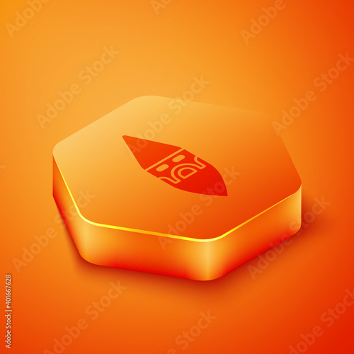 Isometric Wizard warlock icon isolated on orange background. Orange hexagon button. Vector.