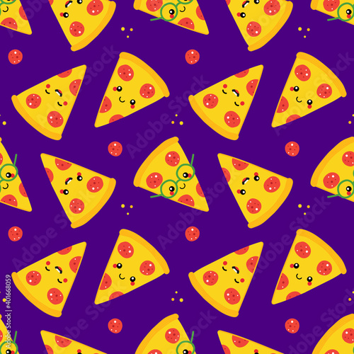 Cute cartoon style pepperoni pizza slice characters vector seamless pattern background.
