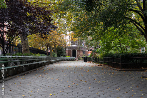 Photography Stuyvesant Square Park with a Row of Empty Benches in the Gramercy Park Neighbor