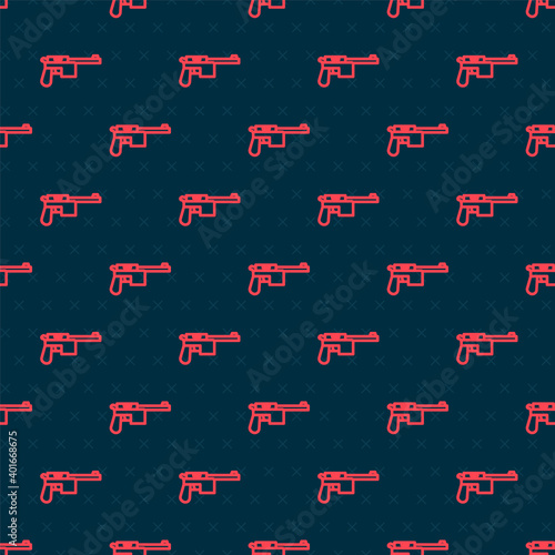 Red line Mauser gun icon isolated seamless pattern on black background. Mauser C96 is a semi-automatic pistol. Vector.