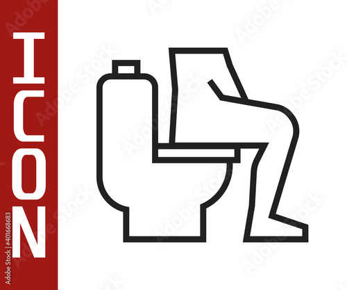 Black line Men sitting on the toilet and Constipation are experiencing severe abdominal pain icon isolated on white background. Vector.