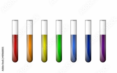 A set of chemical test tubes with multi-colored liquids on a white background.