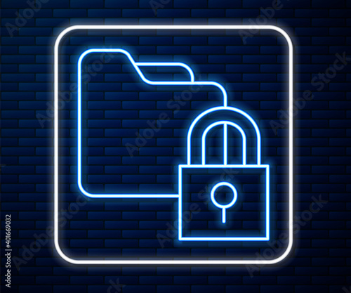 Glowing neon line Folder and lock icon isolated on brick wall background. Closed folder and padlock. Security, safety, protection concept. Vector.