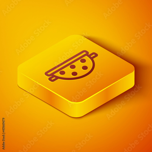 Isometric line Kitchen colander icon isolated on orange background. Cooking utensil. Cutlery sign. Yellow square button. Vector.