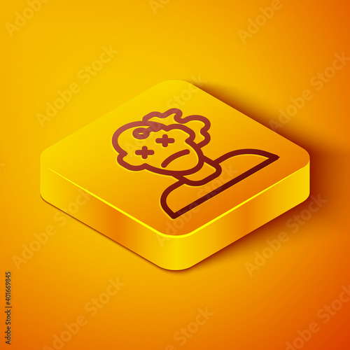 Isometric line Murder icon isolated on orange background. Body, bleeding, corpse, bleeding icon. Concept of crime scene. Yellow square button. Vector.