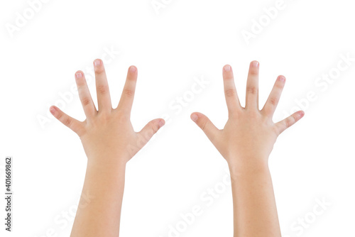 childrens hands show ten fingers isolated on white background.