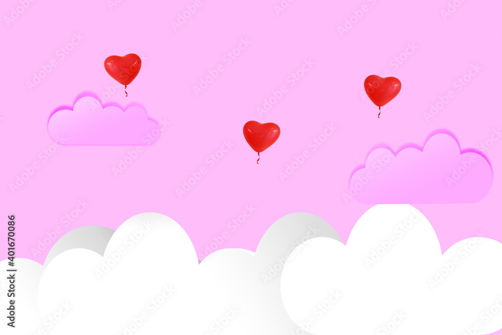 Pink mountain with heart shaped balloons