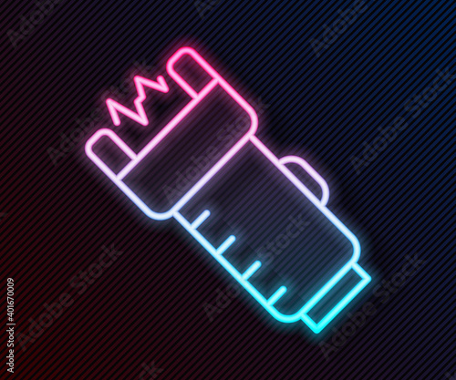 Glowing neon line Police electric shocker icon isolated on black background. Shocker for protection. Taser is an electric weapon. Vector.