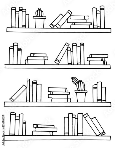 Doodle style bookshelves for notebooks, posters, postcards