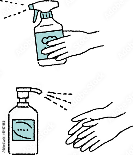 手のアルコール消毒と除菌のイラスト Illustration of hand alcohol disinfection and sanitization