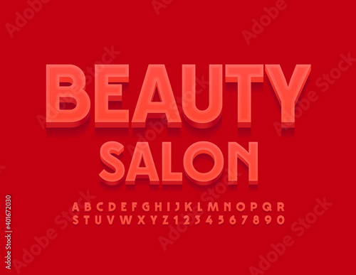 Vector bright emblem Beauty Salon. Red modern Font. 3D Alphabet Letters and Numbers set