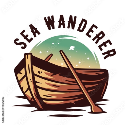 Marine boat and starry sky space. Nautical wanderlust and adventure illustration. Travel outside