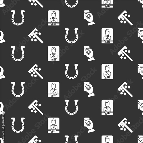 Set Hand holding playing cards, Stick for chips, Horseshoe and Casino dealer on seamless pattern. Vector.